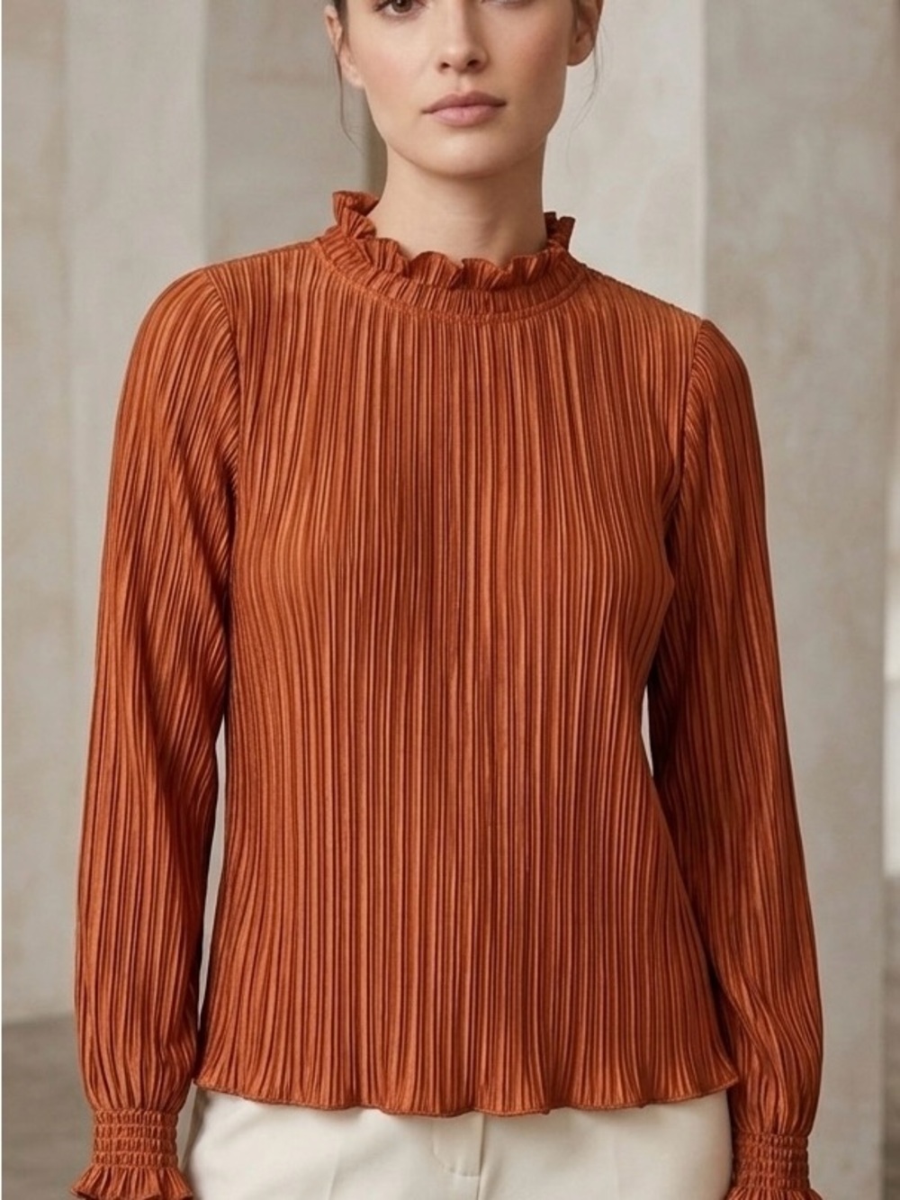 Easel NWT Rust Orange Pleated Smocked Mock Neck Blouse Medium